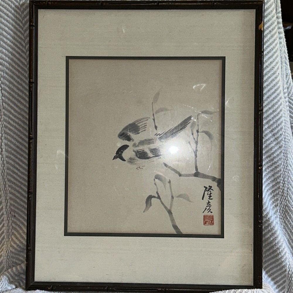 Chinese Ink And Brush Songbird Painting Art In Frame Sparrow